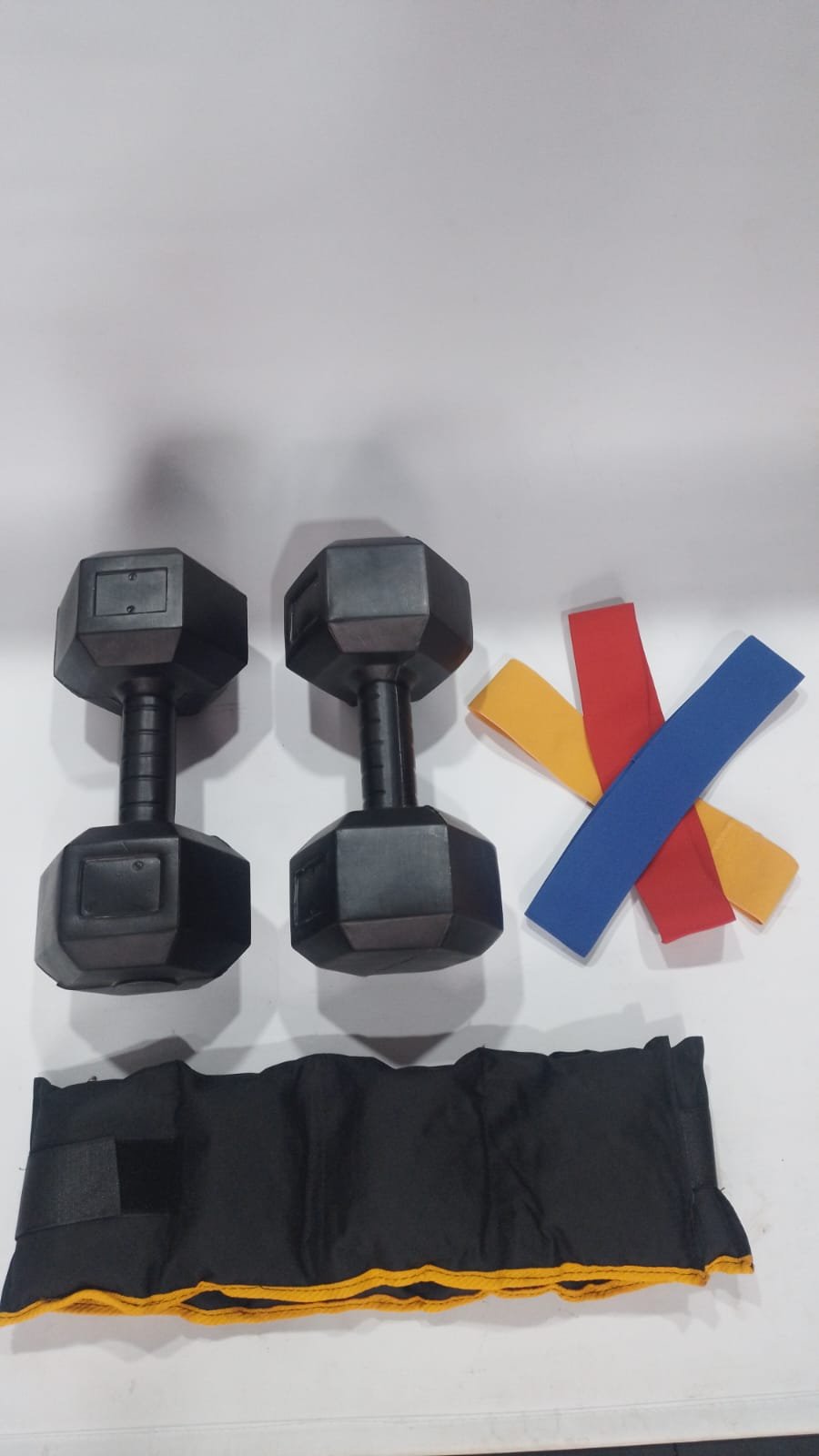 MANCUERNAS PLASTICA 3 KG + PAR TOBILLERAS 3 KG + SET DE TELA